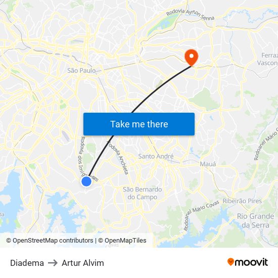 Diadema to Artur Alvim map