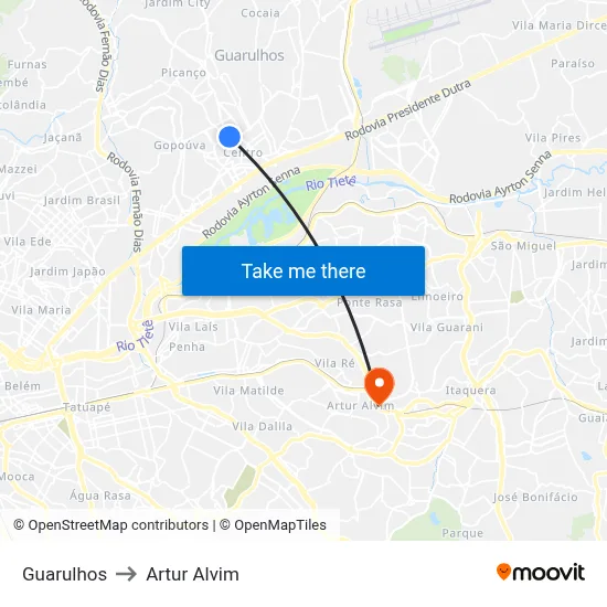 Guarulhos to Artur Alvim map