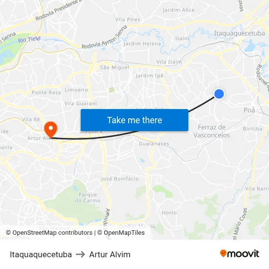 Itaquaquecetuba to Artur Alvim map