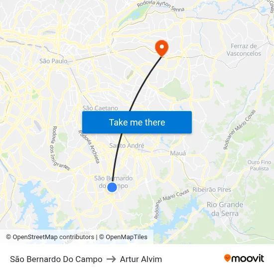 São Bernardo Do Campo to Artur Alvim map