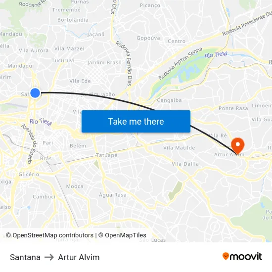 Santana to Artur Alvim map