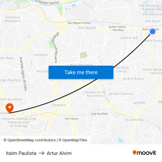 Itaim Paulista to Artur Alvim map