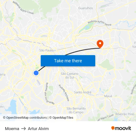 Moema to Artur Alvim map
