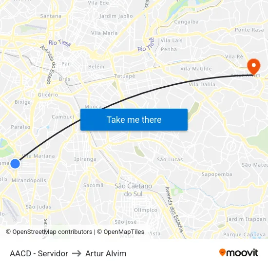AACD - Servidor to Artur Alvim map