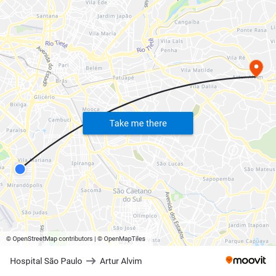 Hospital São Paulo to Artur Alvim map