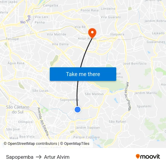 Sapopemba to Artur Alvim map