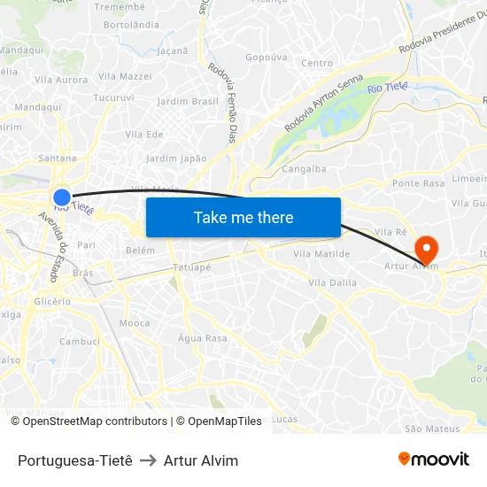Portuguesa-Tietê to Artur Alvim map