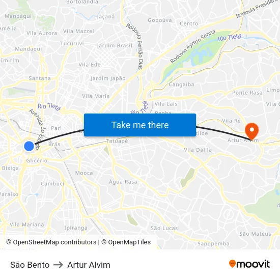 São Bento to Artur Alvim map