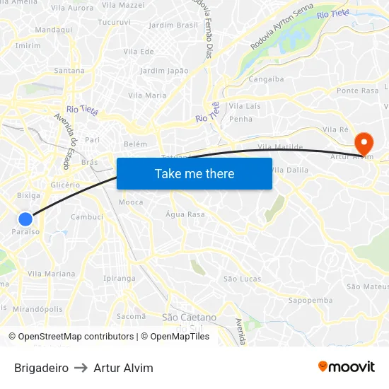 Brigadeiro to Artur Alvim map