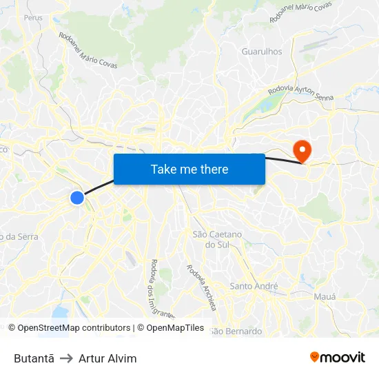 Butantã to Artur Alvim map