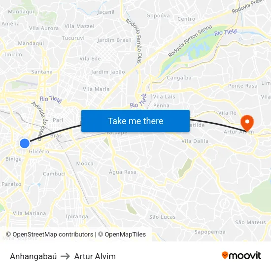 Anhangabaú to Artur Alvim map