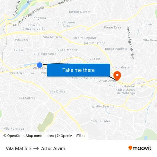 Vila Matilde to Artur Alvim map