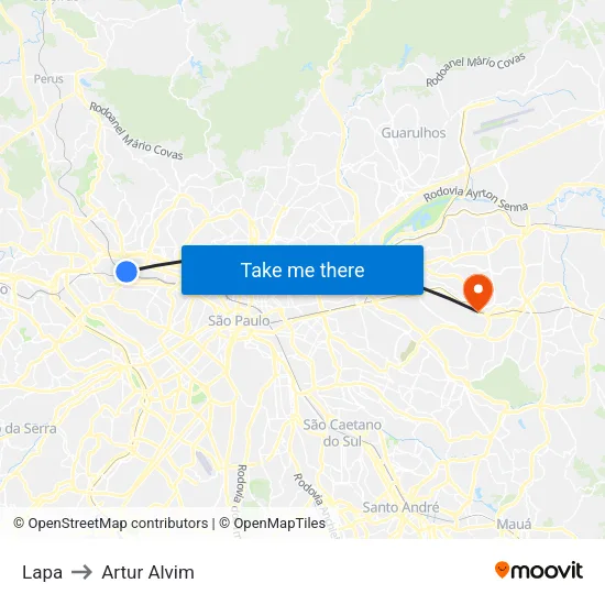 Lapa to Artur Alvim map