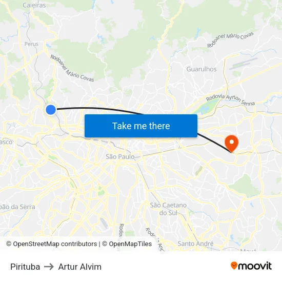 Pirituba to Artur Alvim map