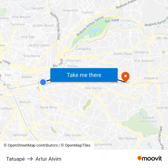 Tatuapé to Artur Alvim map