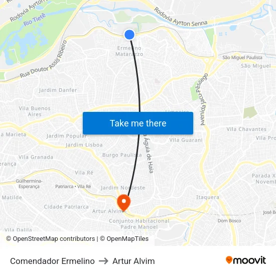 Comendador Ermelino to Artur Alvim map