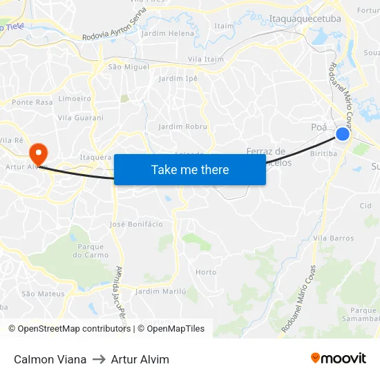 Calmon Viana to Artur Alvim map