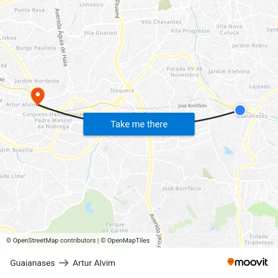 Guaianases to Artur Alvim map