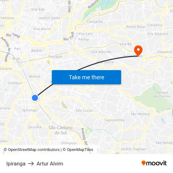 Ipiranga to Artur Alvim map