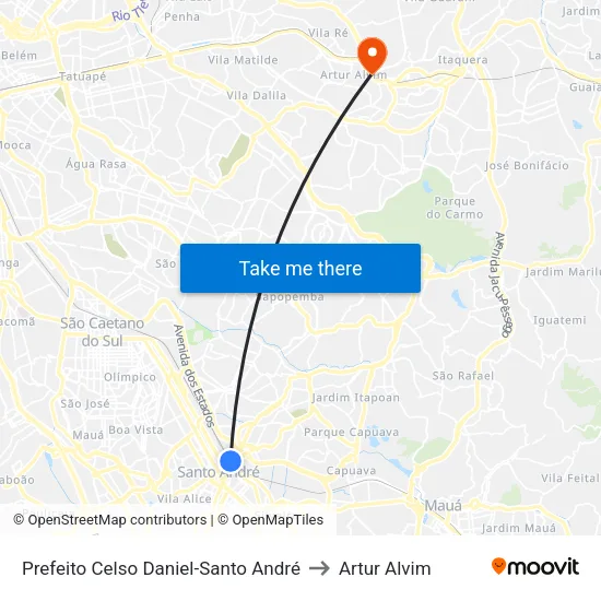Prefeito Celso Daniel-Santo André to Artur Alvim map