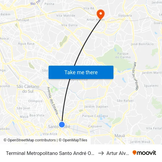 Terminal Metropolitano Santo André Oeste to Artur Alvim map