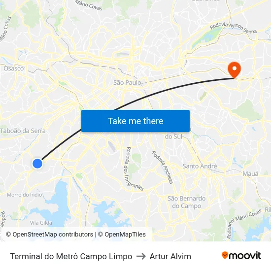 Terminal do Metrô Campo Limpo to Artur Alvim map