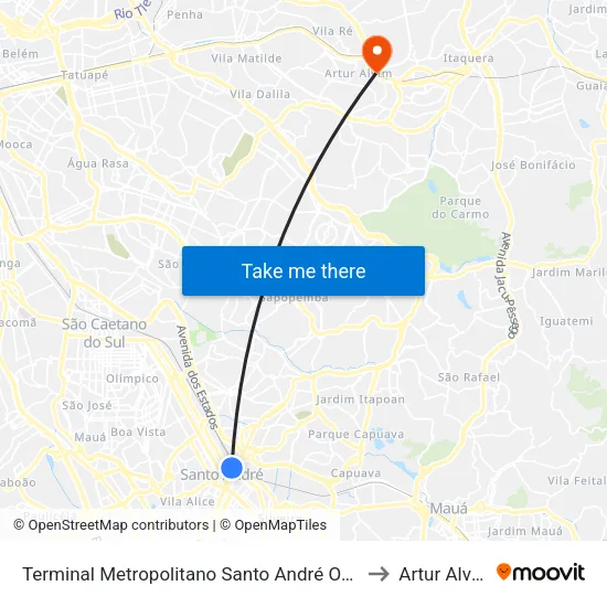 Terminal Metropolitano Santo André Oeste to Artur Alvim map