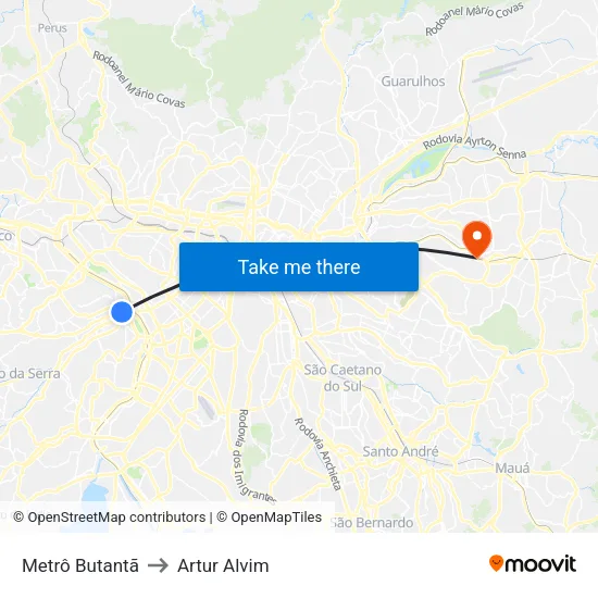 Metrô Butantã to Artur Alvim map