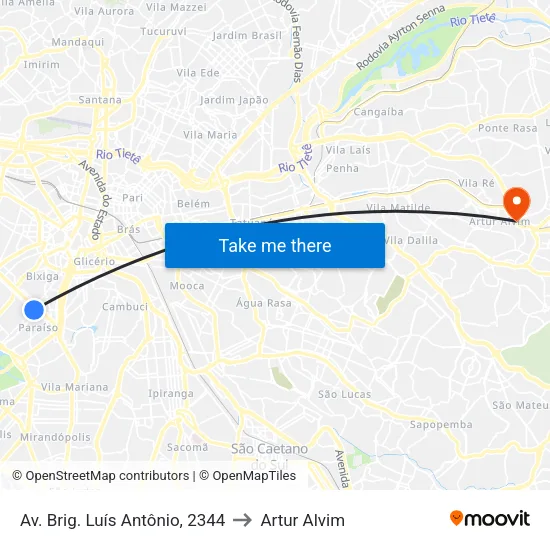 Av. Brig. Luís Antônio, 2344 to Artur Alvim map