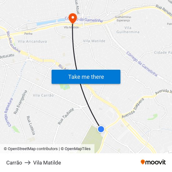 Carrão to Vila Matilde map