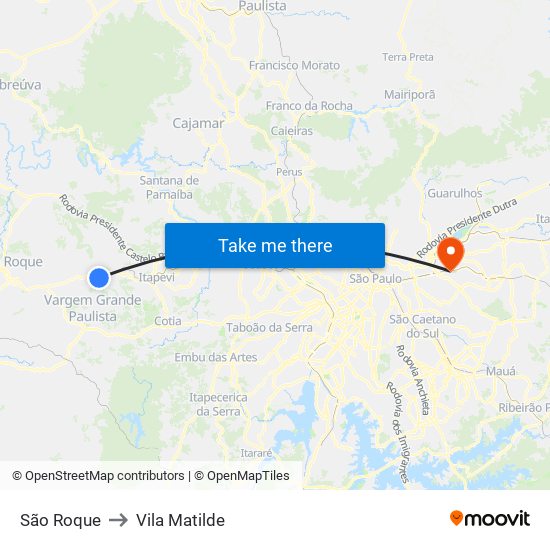 São Roque to Vila Matilde map