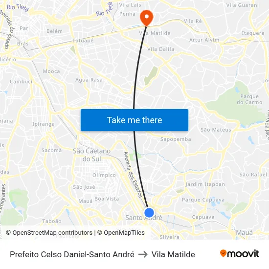Prefeito Celso Daniel-Santo André to Vila Matilde map