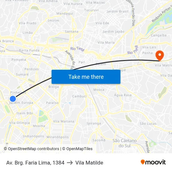 Av. Brg. Faria Lima, 1384 to Vila Matilde map