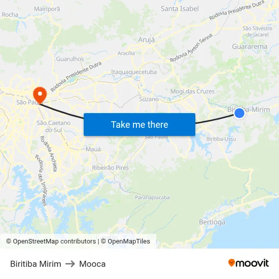 Biritiba Mirim to Mooca map