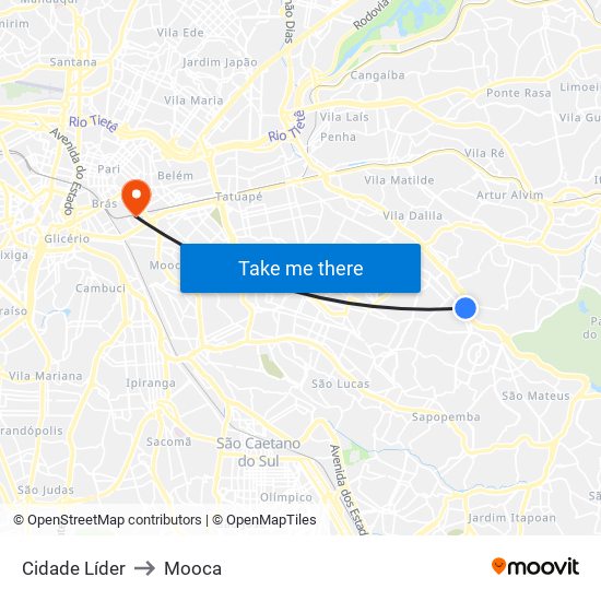 Cidade Líder to Mooca map