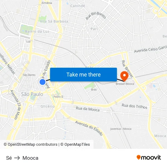 Sé to Mooca map