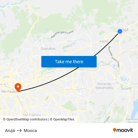 Arujá to Mooca map