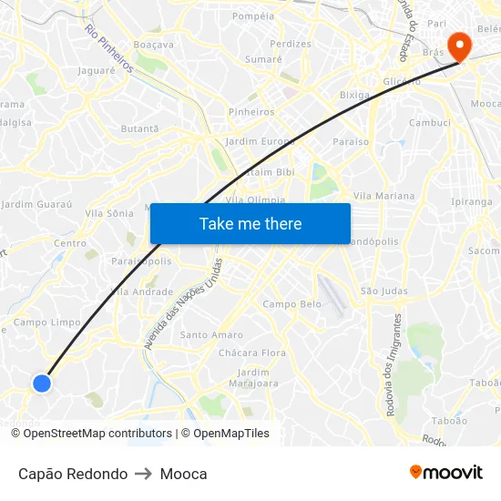 Capão Redondo to Mooca map