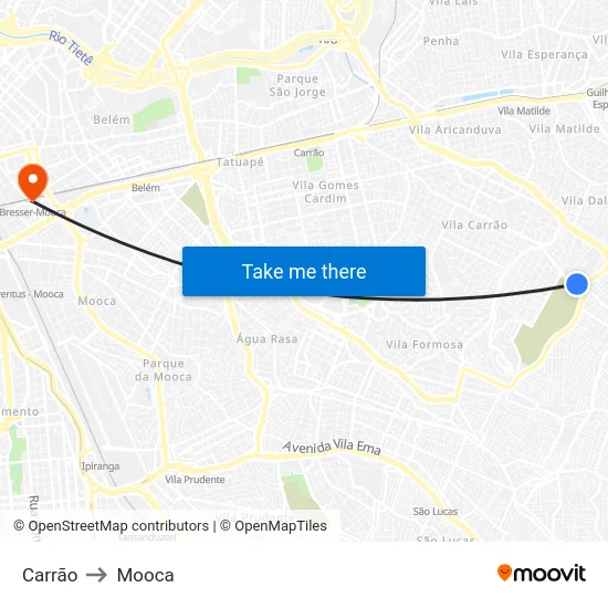 Carrão to Mooca map