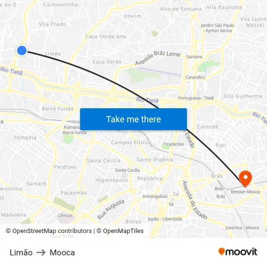 Limão to Mooca map