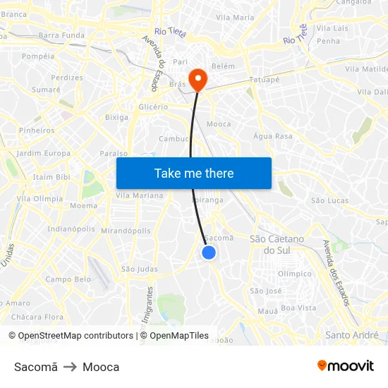 Sacomã to Mooca map