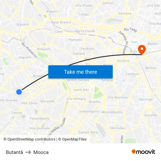Butantã to Mooca map
