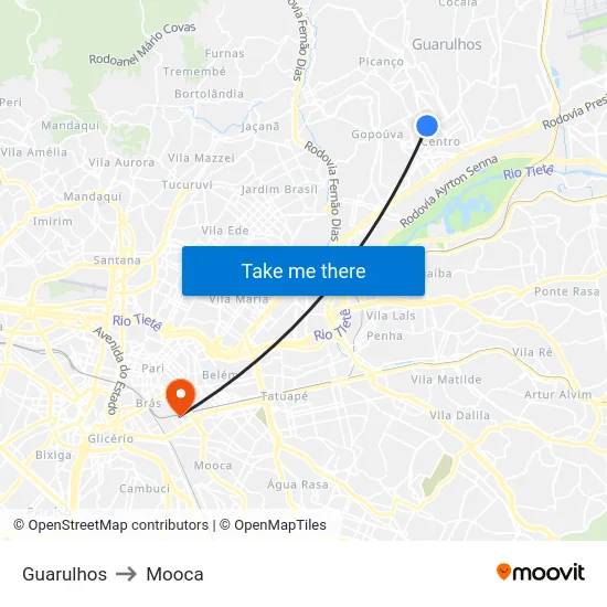 Guarulhos to Mooca map