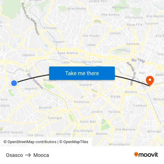 Osasco to Mooca map