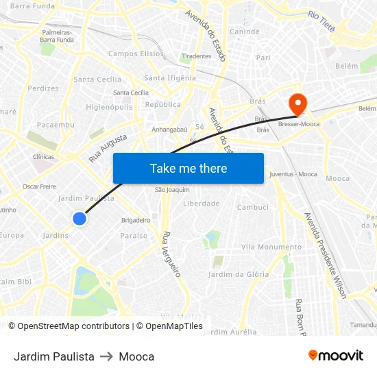 Jardim Paulista to Mooca map