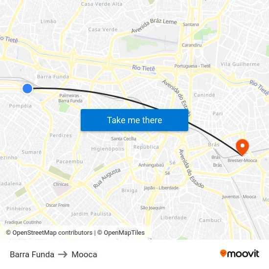 Barra Funda to Mooca map