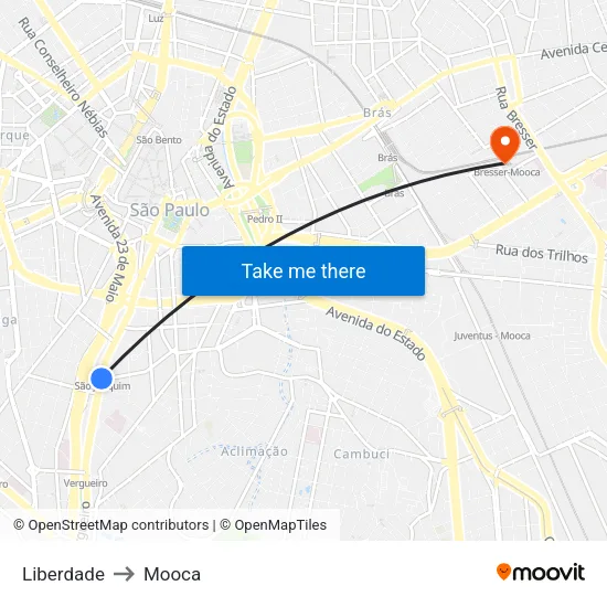 Liberdade to Mooca map