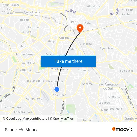 Saúde to Mooca map
