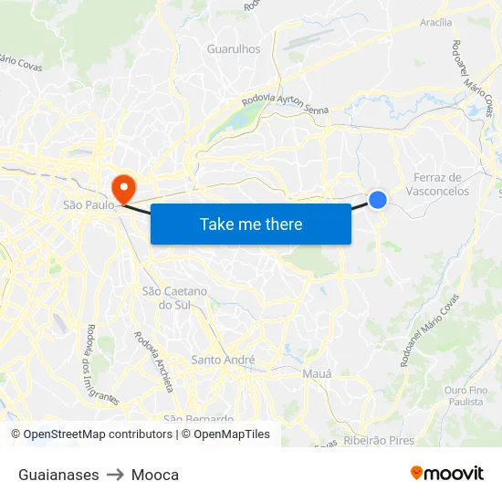Guaianases to Mooca map