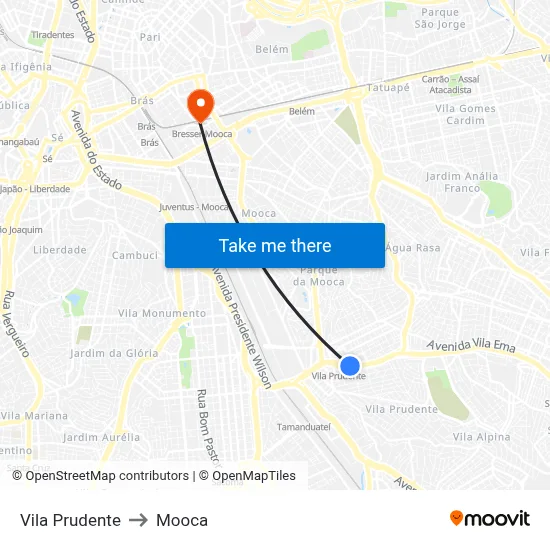Vila Prudente to Mooca map